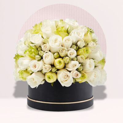 Signature Box of White and Green Roses