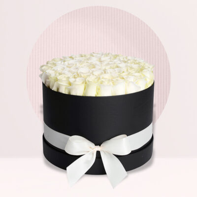 White Roses in Black Round Box
