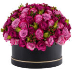 Purple roses arranged in a black box.