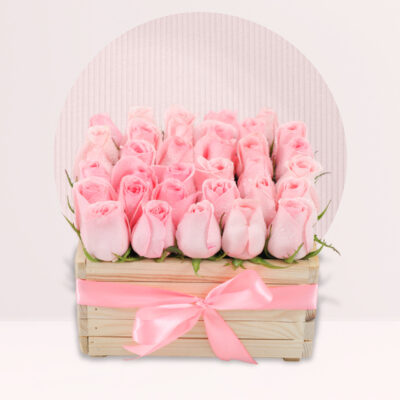 Blossom of Pink Roses in Wooden Box