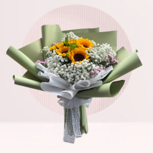 a bouquet of sunflowers and baby's breath